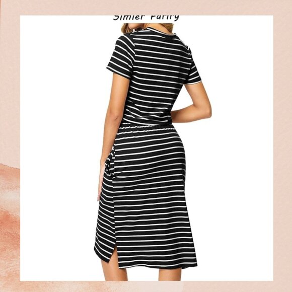 Black & White Striped Soft Knit Short Sleeve Midi Dress - Picture 2 of 6